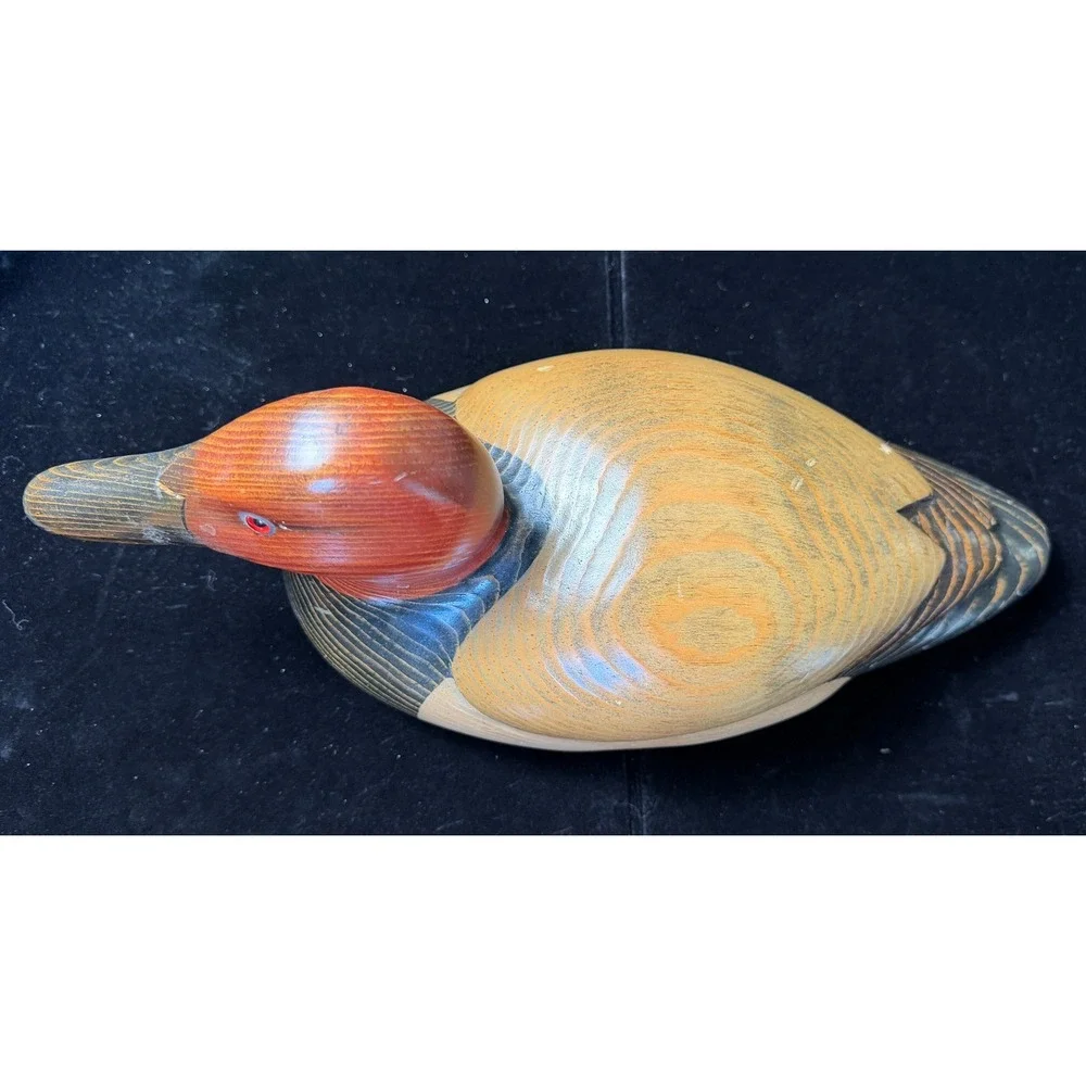 John Bass Signed Hand Carved Wooden Redhead Duck Decoy Figurine 12.5 Inch